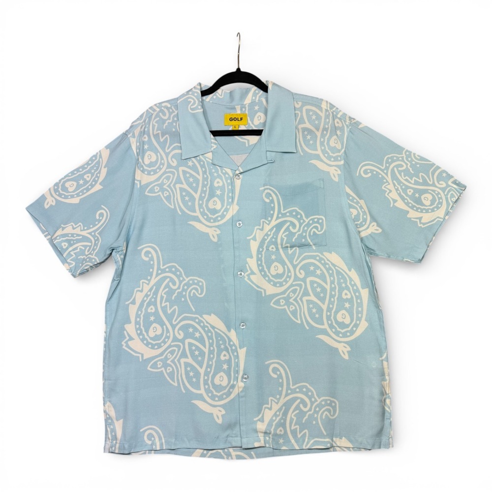 GOLF WANG Paisley Button Up Shirt Men L Light Blue Camp Loop Collar Short Sleeve